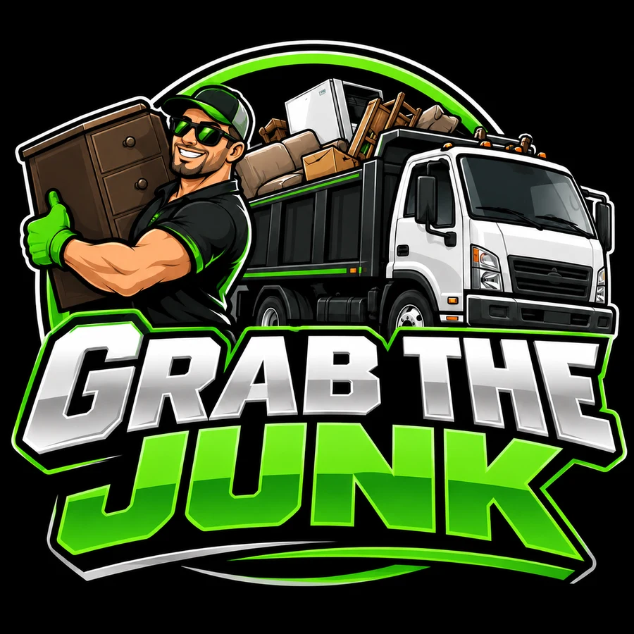 Grab The Junk logo: a smiling hauler carrying a dresser beside a loaded dump truck